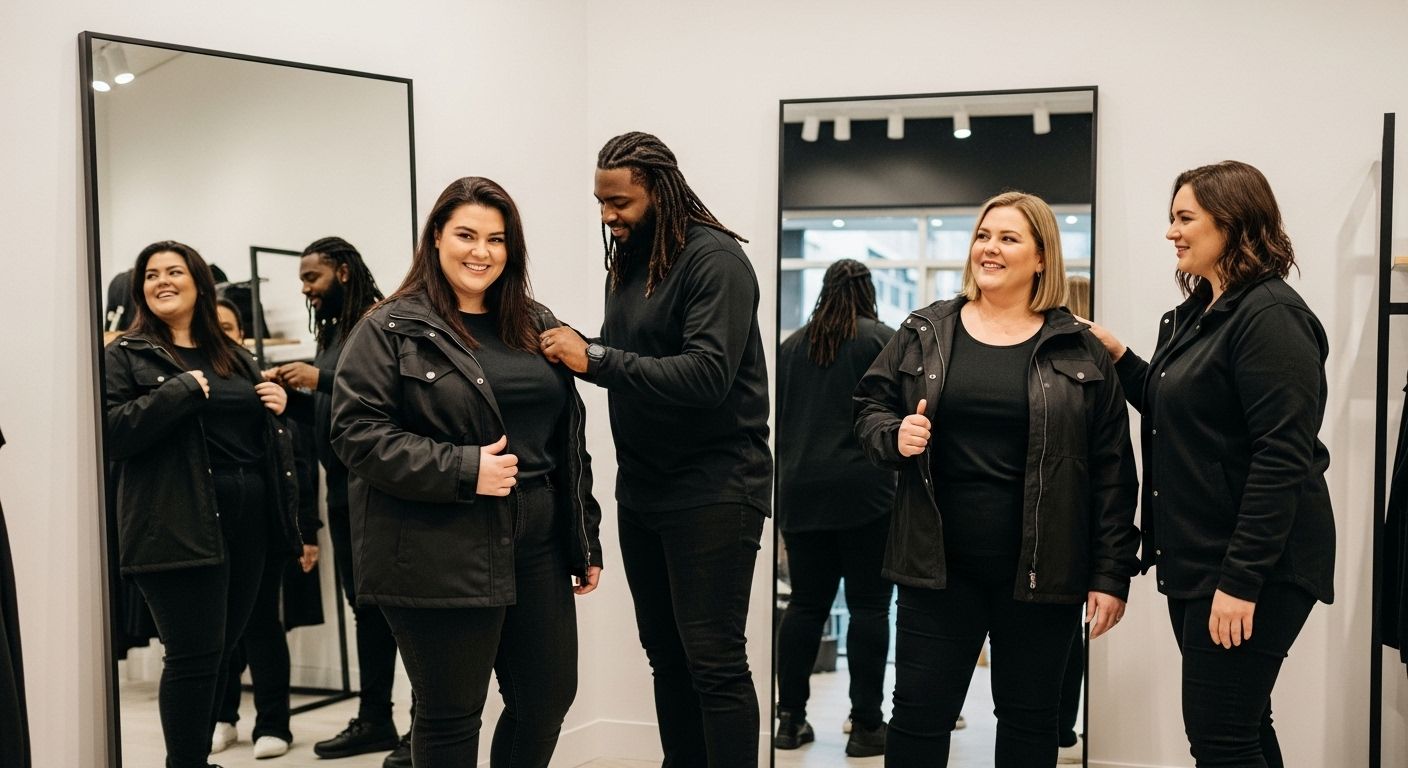 plus size jackets, shopping, fitting room