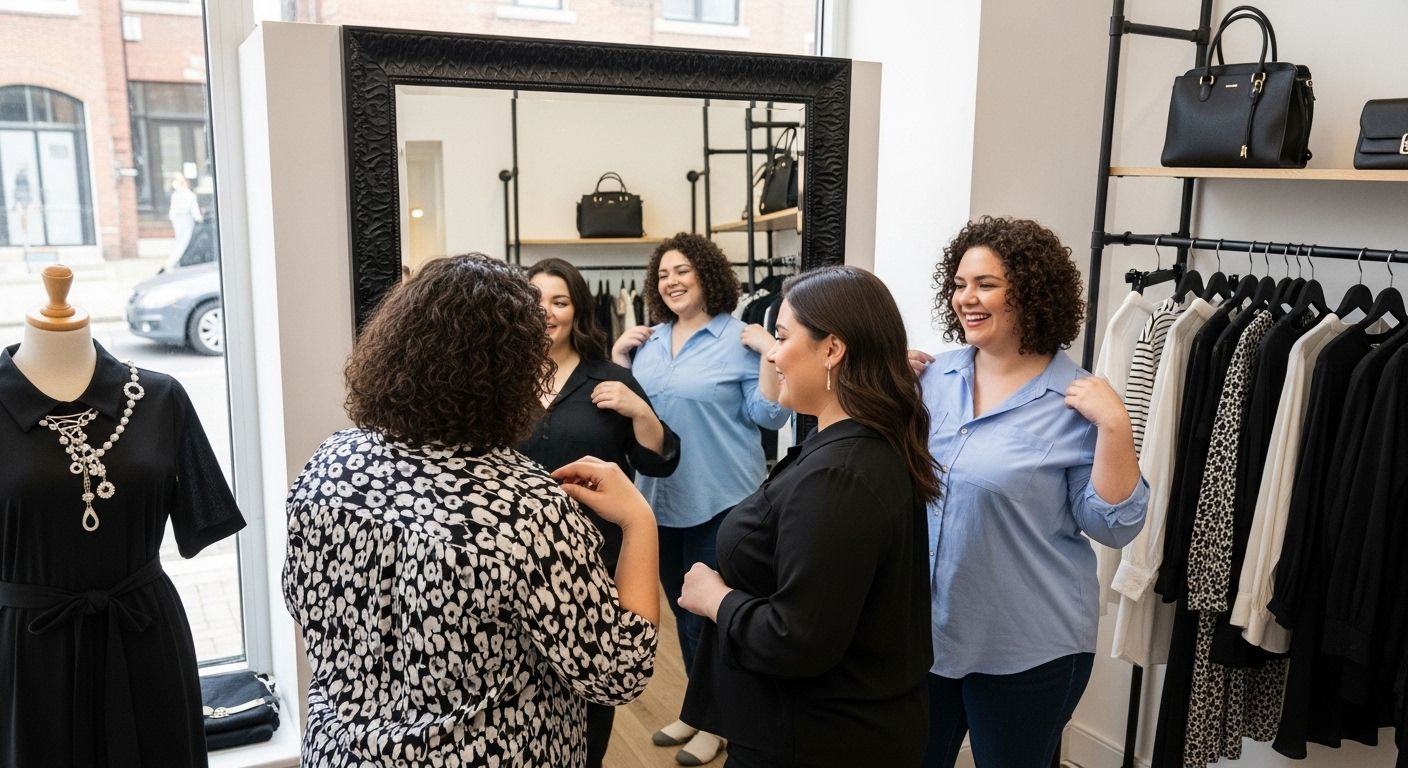 plus size skjortor, modebutik, glada kvinnor