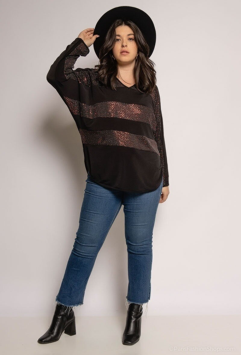 Blus med glittriga ränder i Stor Storlek