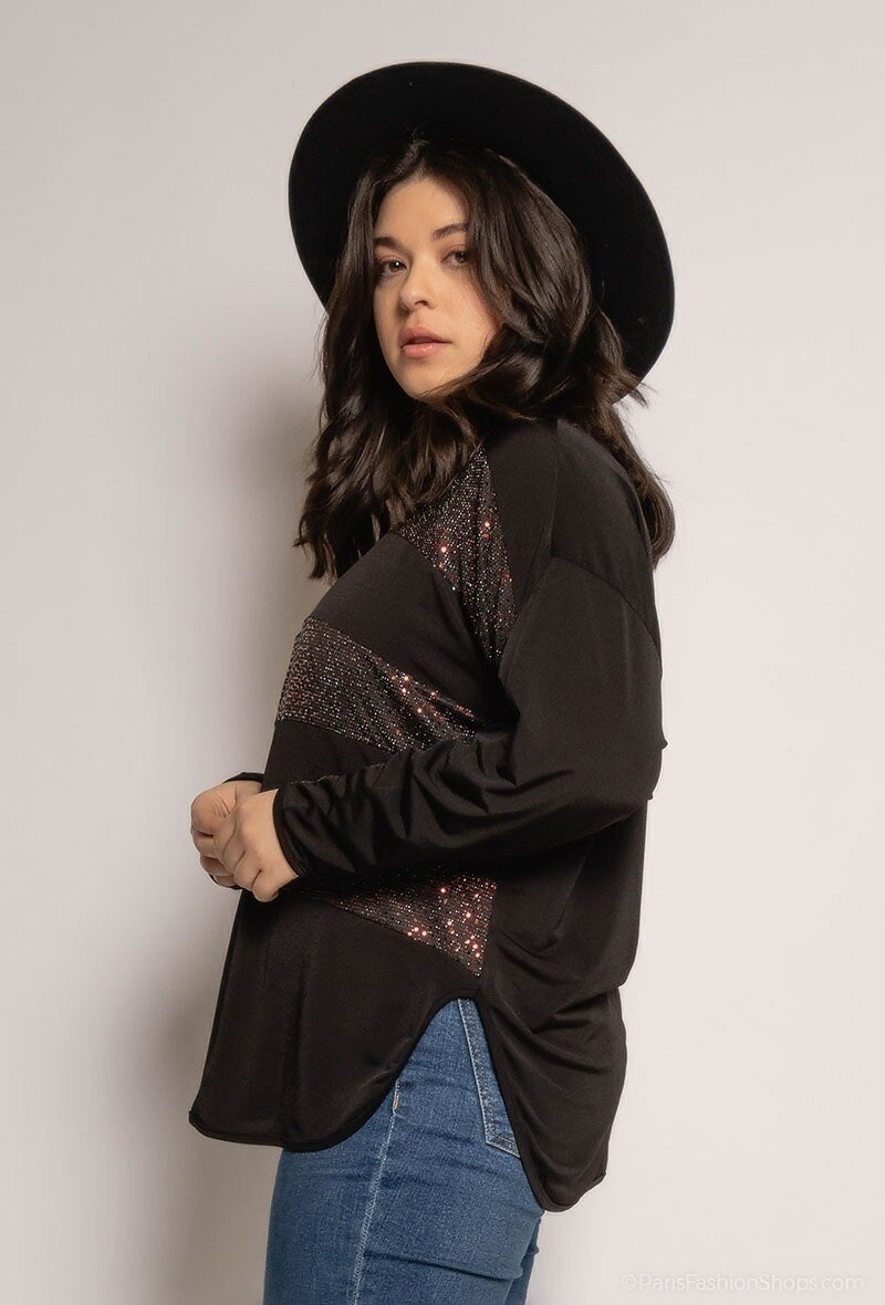 Blus med glittriga ränder i Stor Storlek