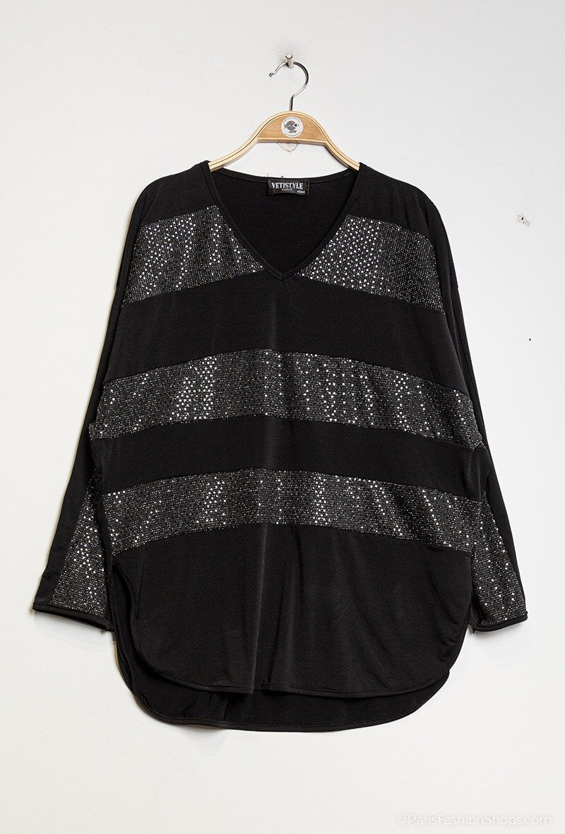 Blouse with sparkly stripes i Stor Storlek