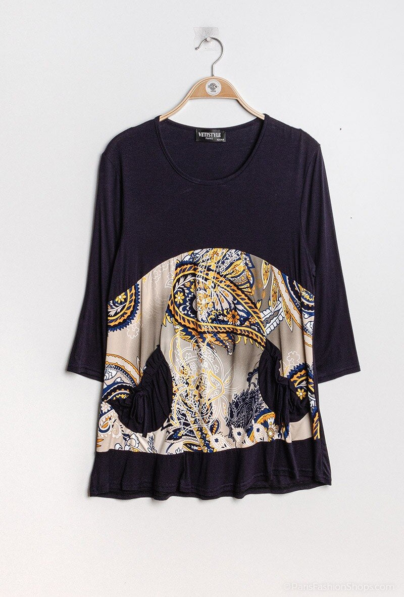 Blouse with printed yoke i Stor Storlek