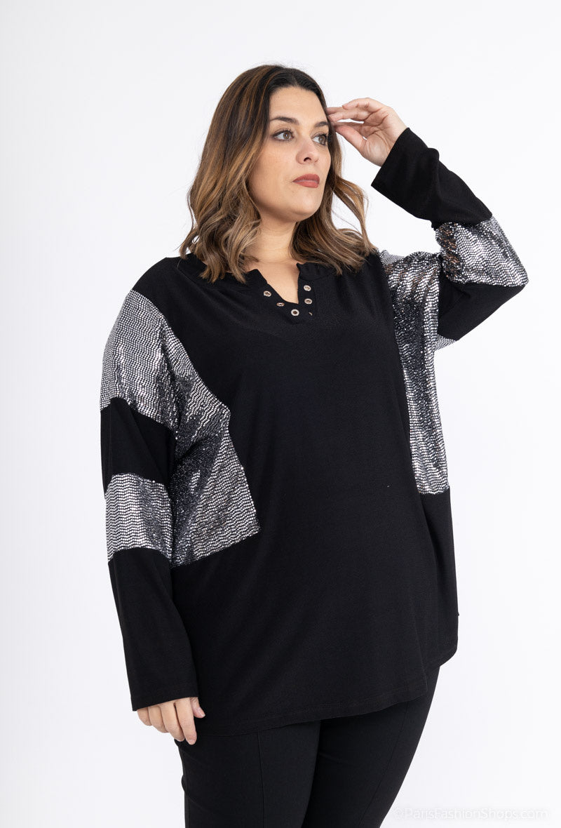 Plus Size Bi-material Blus med Paljetter