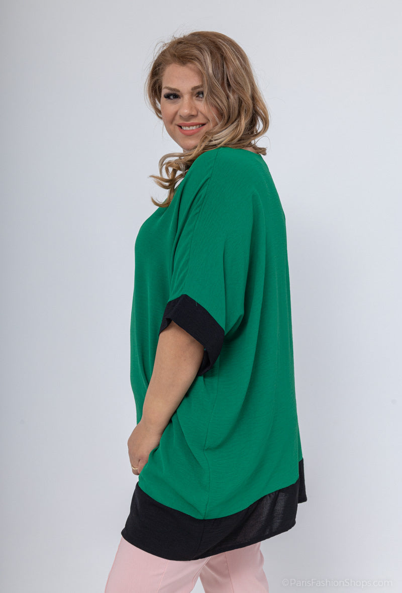 Tvåfärgad batwing ärm blus med V-ringning i Stor Storlek