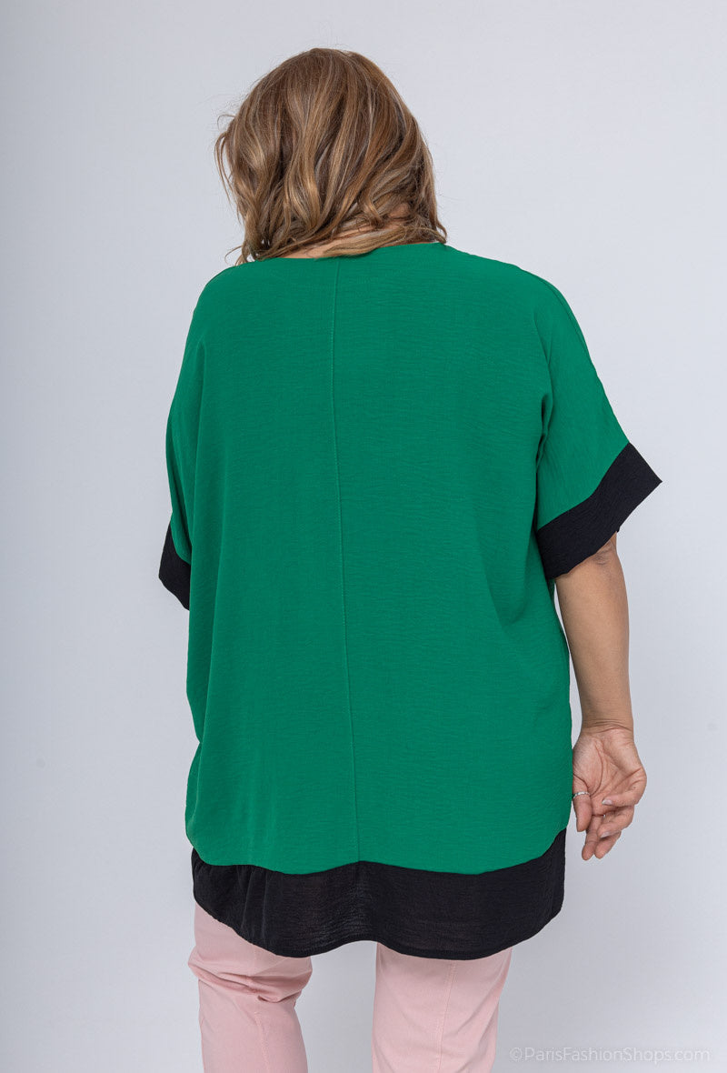 Tvåfärgad batwing ärm blus med V-ringning i Stor Storlek