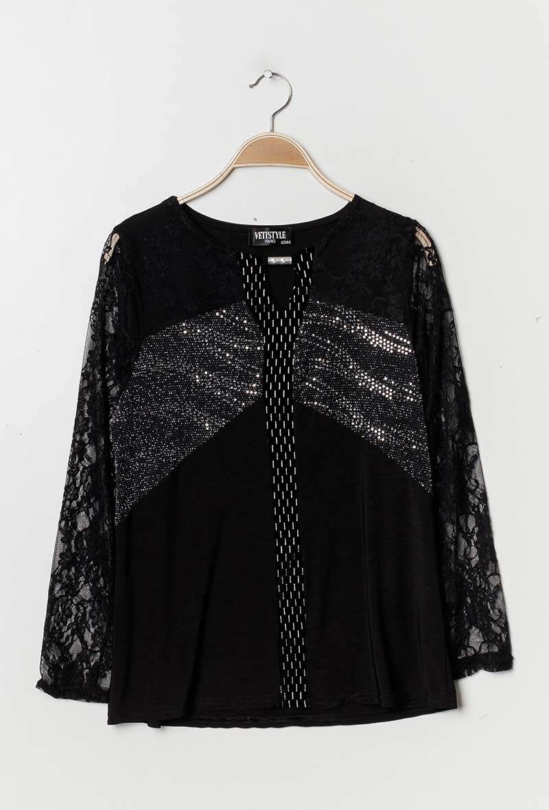 Shiny Blouse with Lace i Stor Storlek