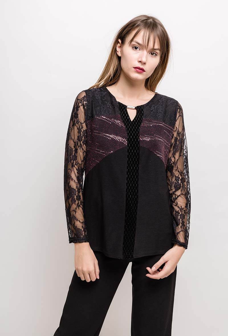 Shiny blouse with lace i Stor Storlek