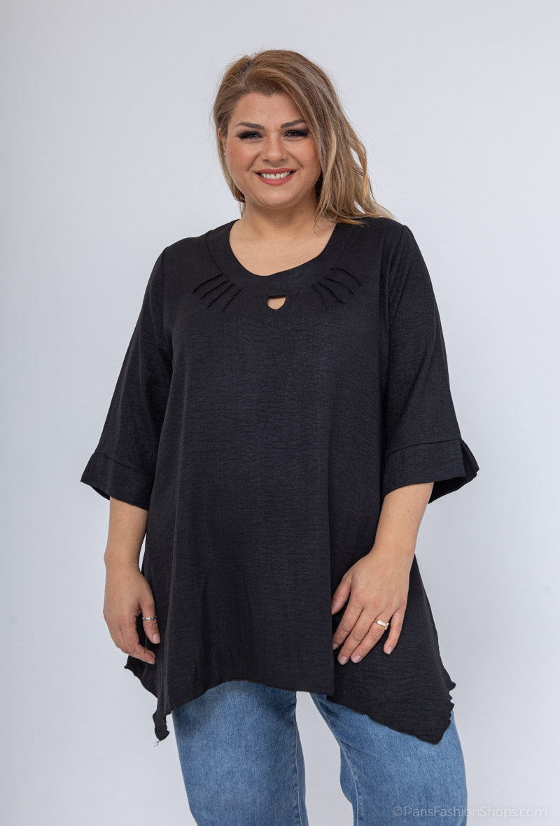 Blus med nyckelhål i plus size i linne-liknande tyg