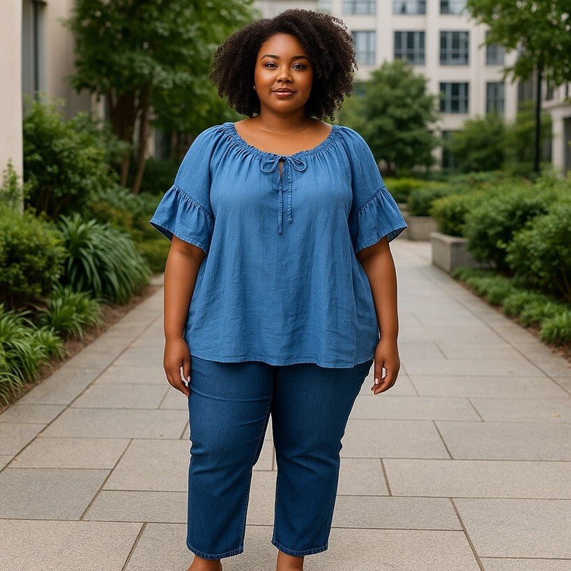 Denim off-the-shoulder blouse i Stor Storlek