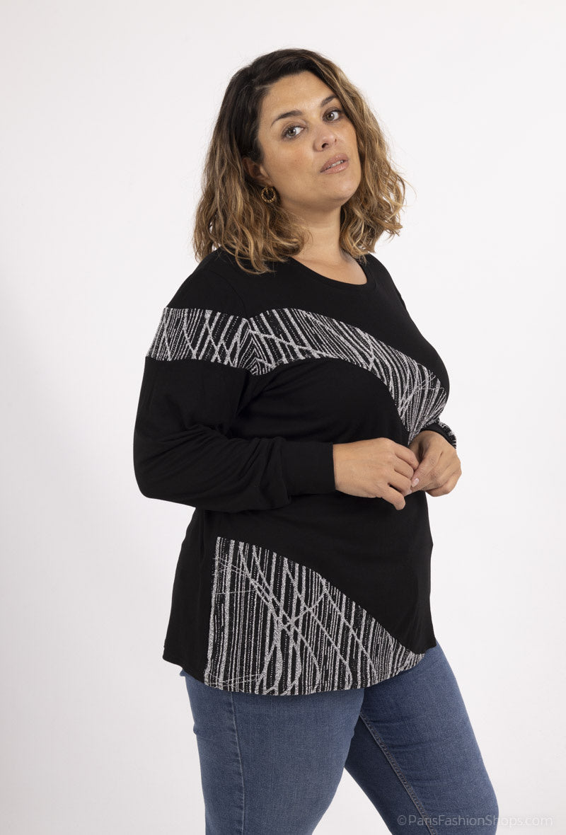 Plus Size Bi-material Viskosblus med Paljetter