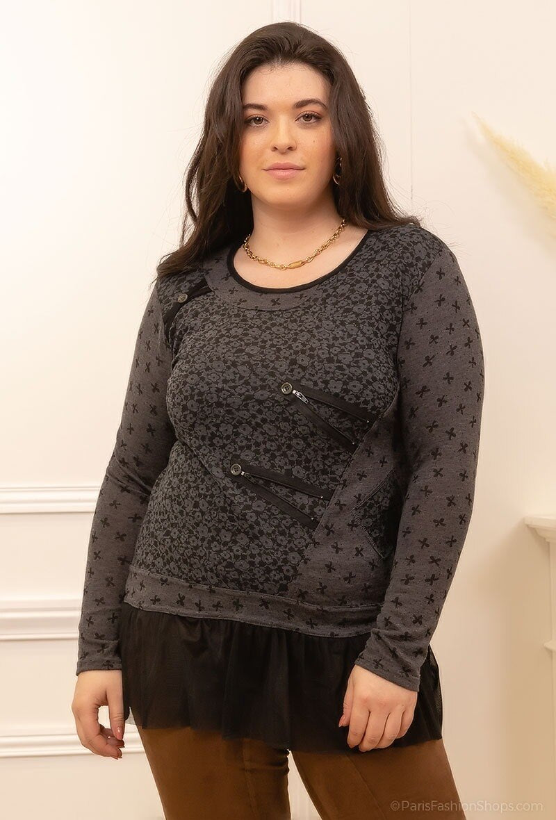 Printed blouse with ruffles i Stor Storlek