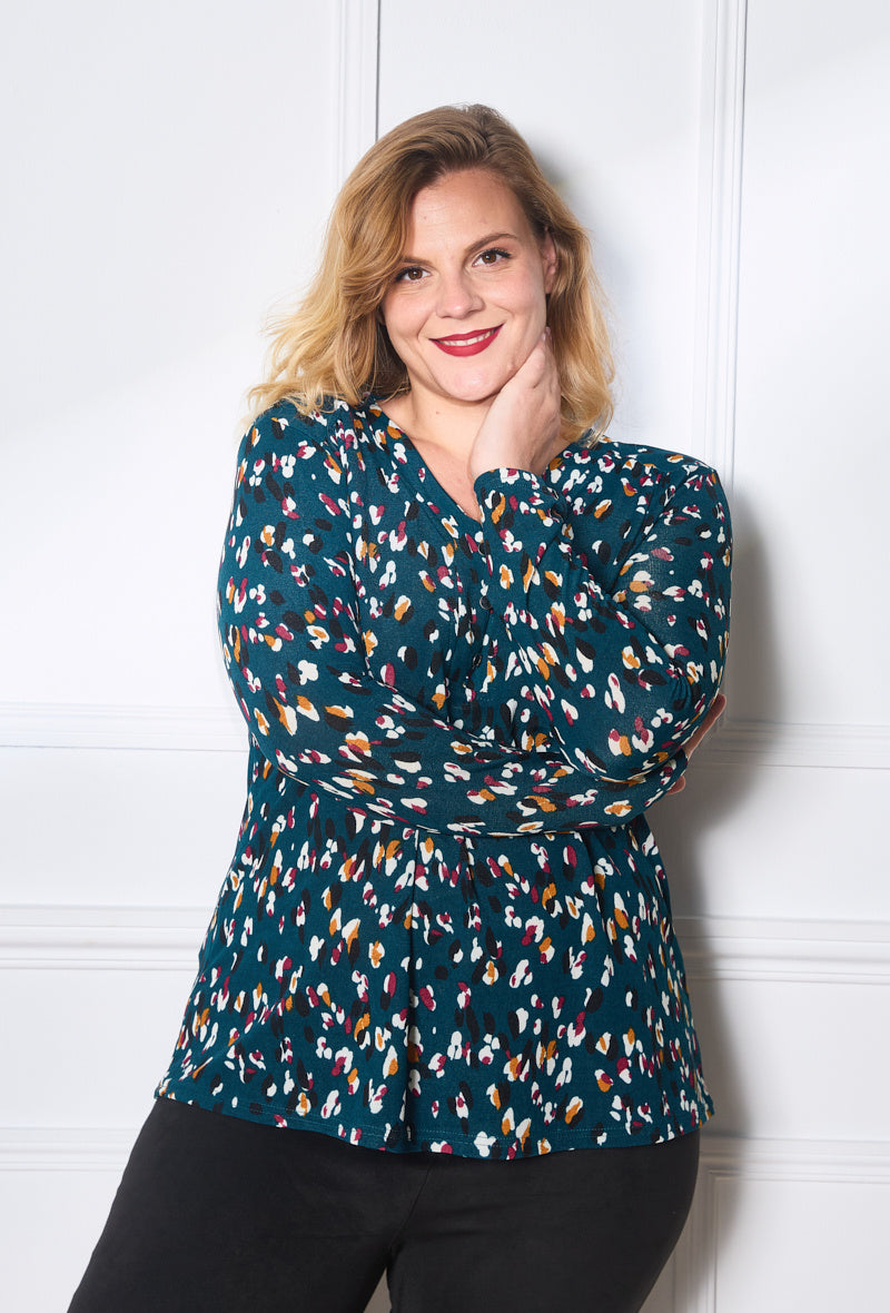 Plus Size Printed V-neck blouse with button