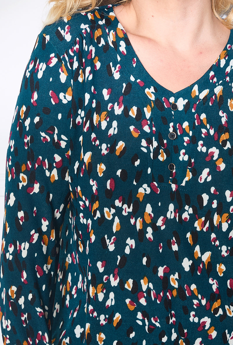 Plus Size Tryckt V-ringad Blus med Knapp
