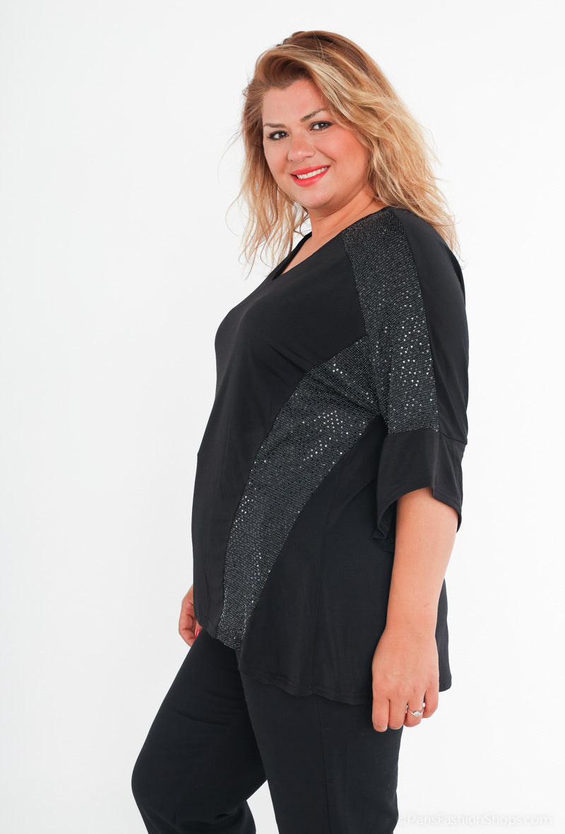Bi-material sequin blus i Plus Size