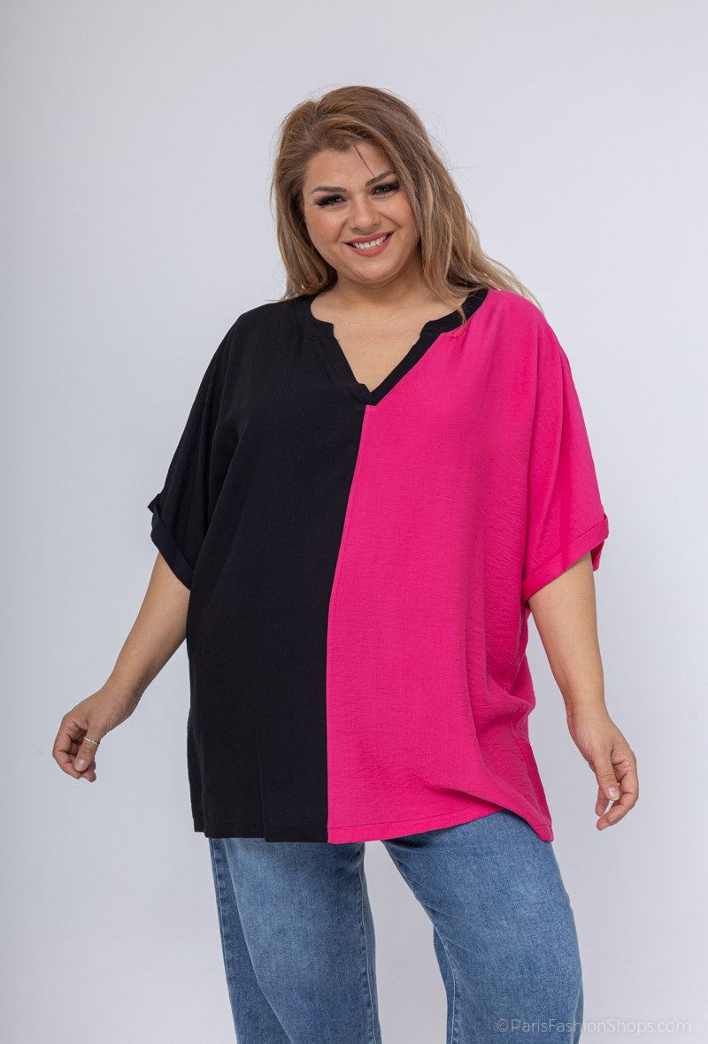 Plus Size Two-tone blouses with notch neckline