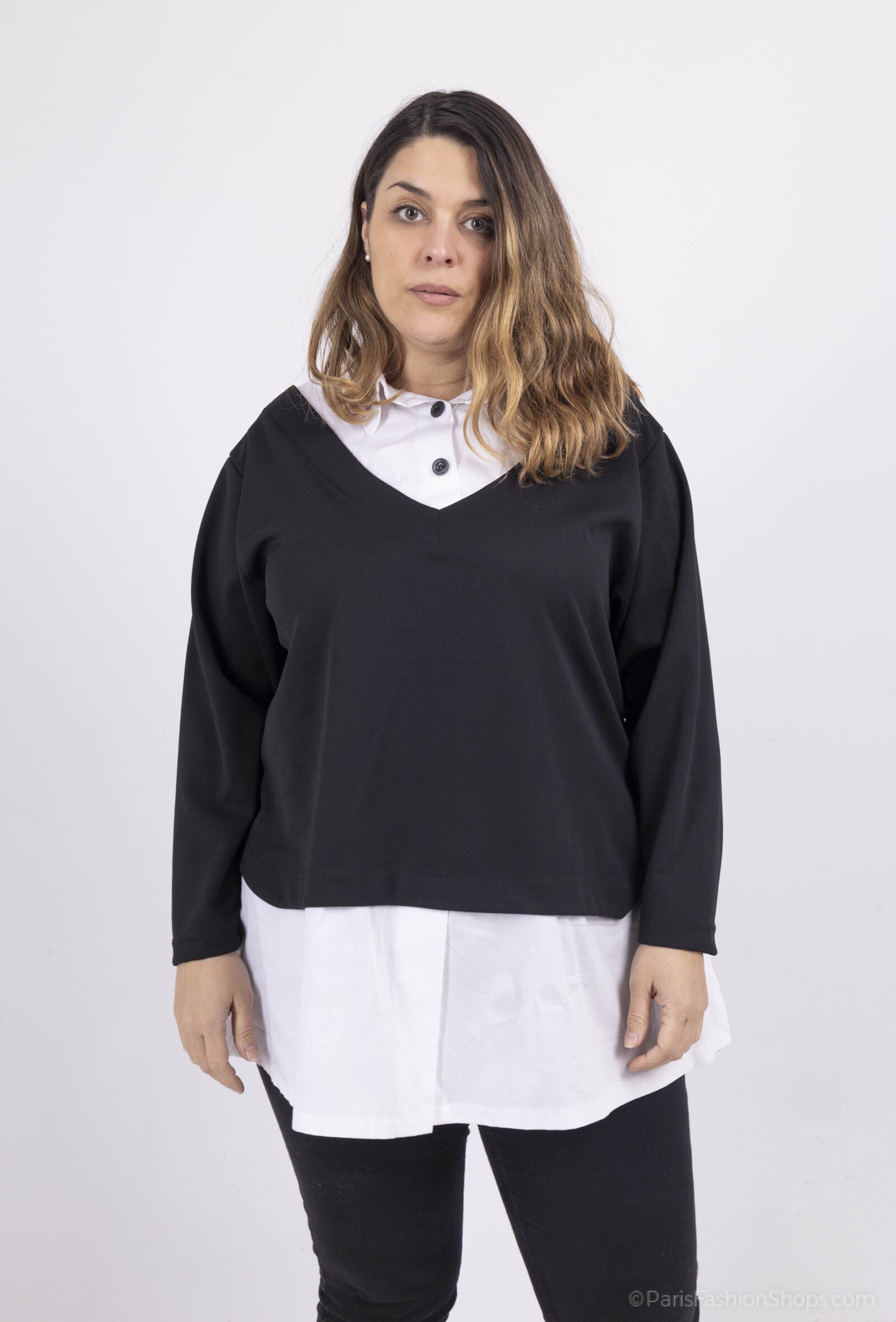 Plus Size Svart och Vit Faux Tvådelad Blus
