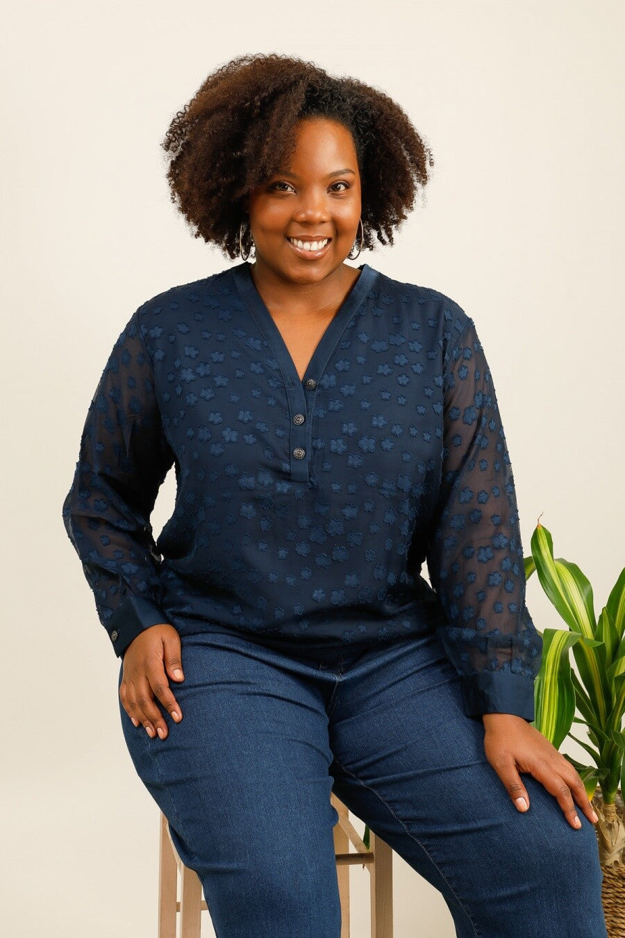 Buttoned Voile Blouses i Stor Storlek