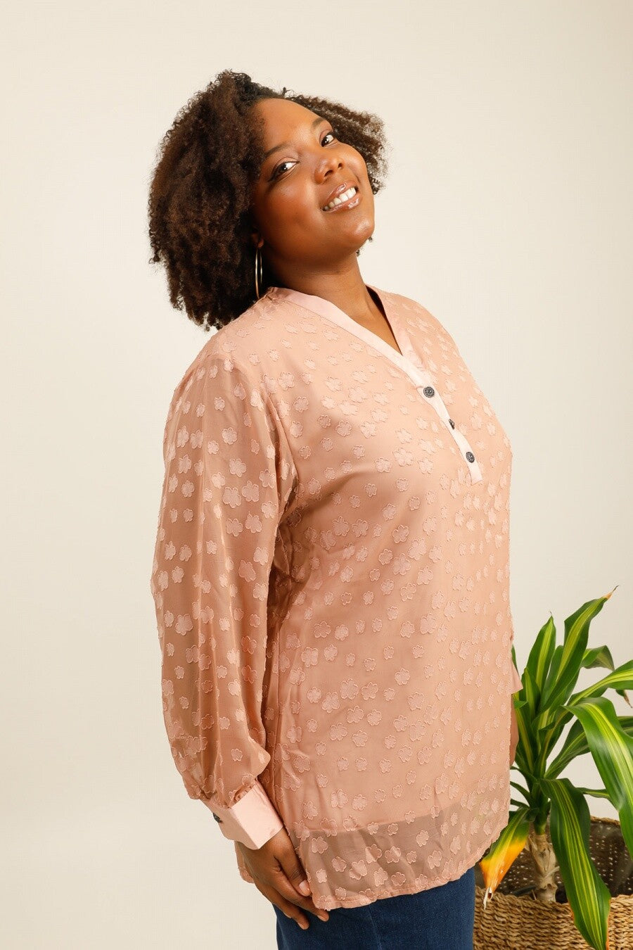 Buttoned Voile Blouses i Stor Storlek