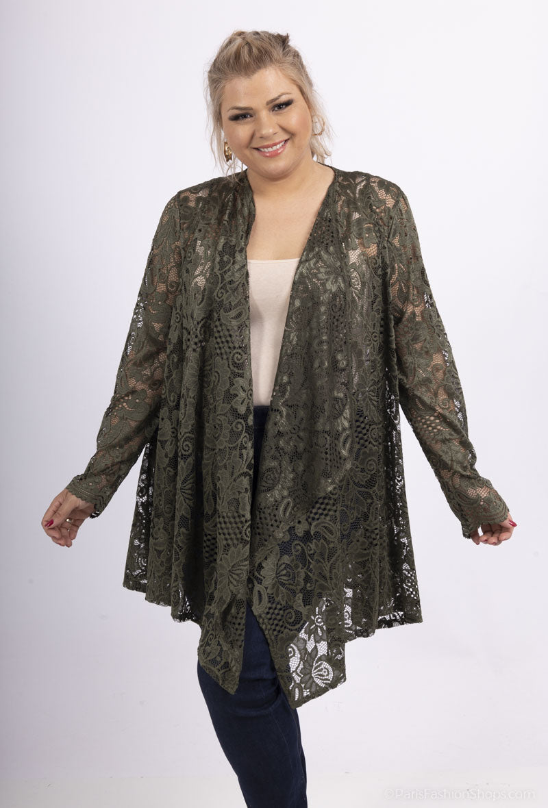 Plus Size Vattenfallskrage Spets Cardigan