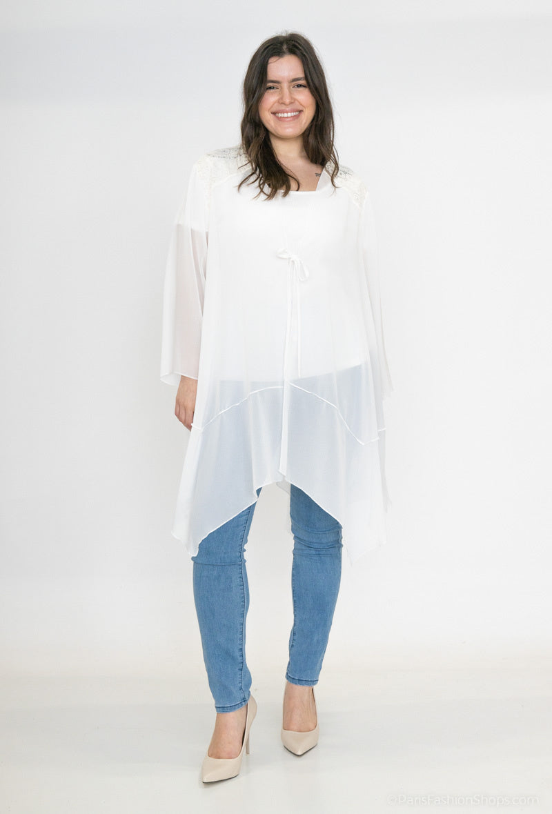 Plus Size Lång Spets Cardigan med Slips