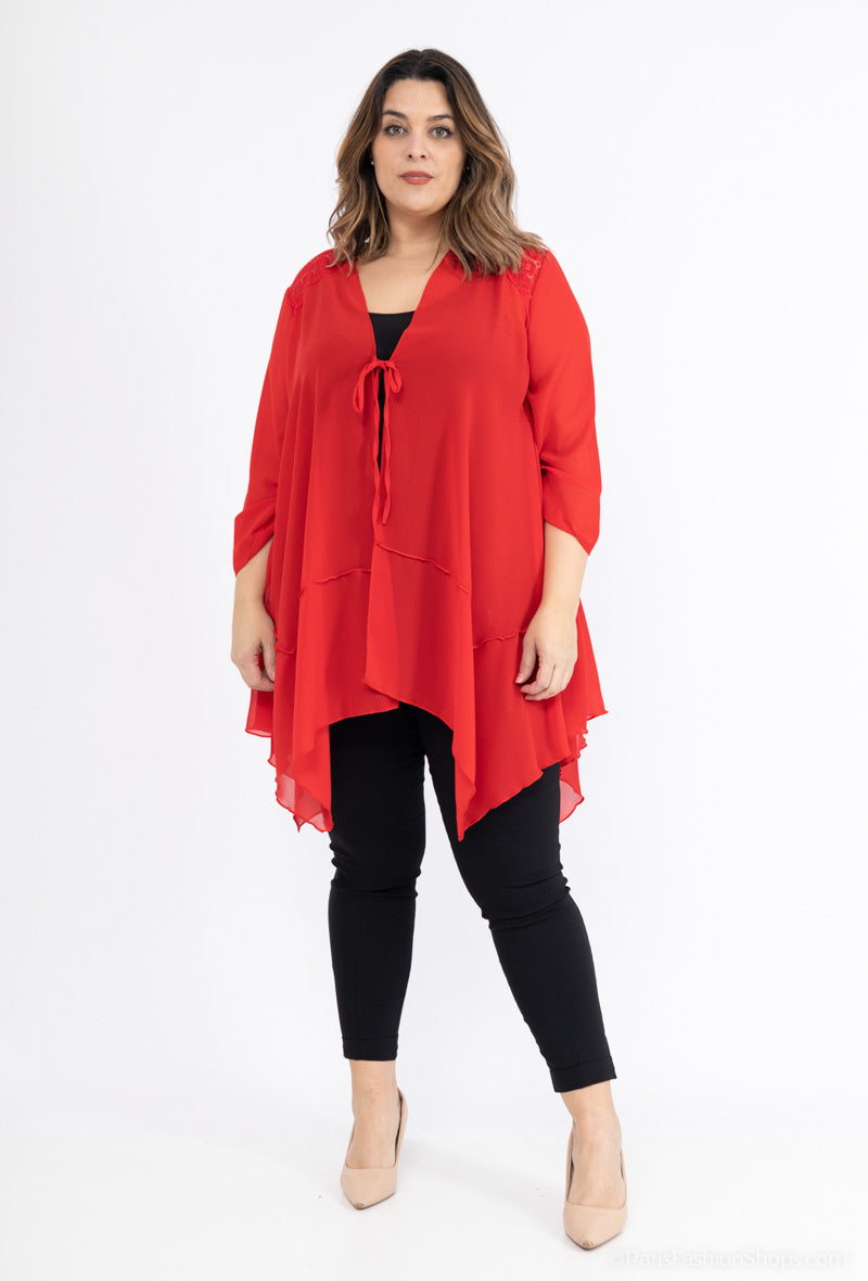Plus Size Long veil lace cardigan with bow