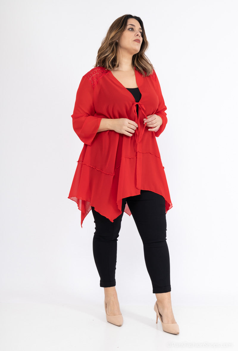 Lång Slöja Spets Cardigan med Slips i Stor Storlek