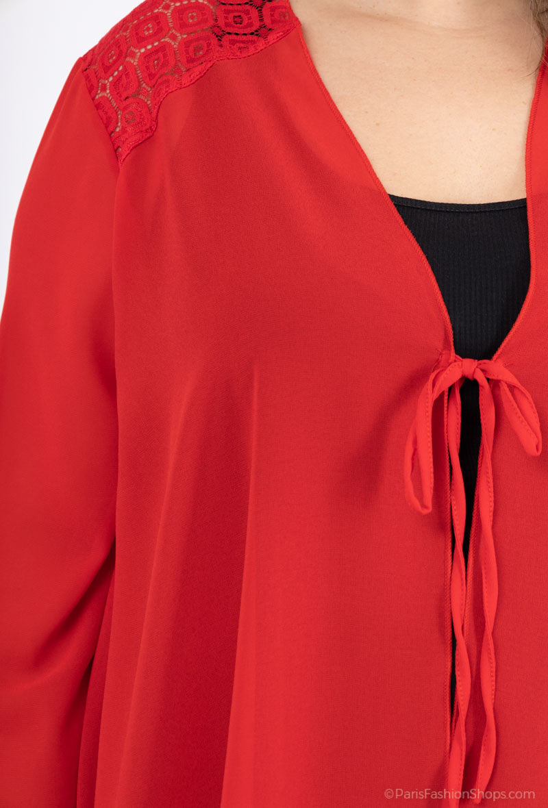 Lång Slöja Spets Cardigan med Slips i Stor Storlek