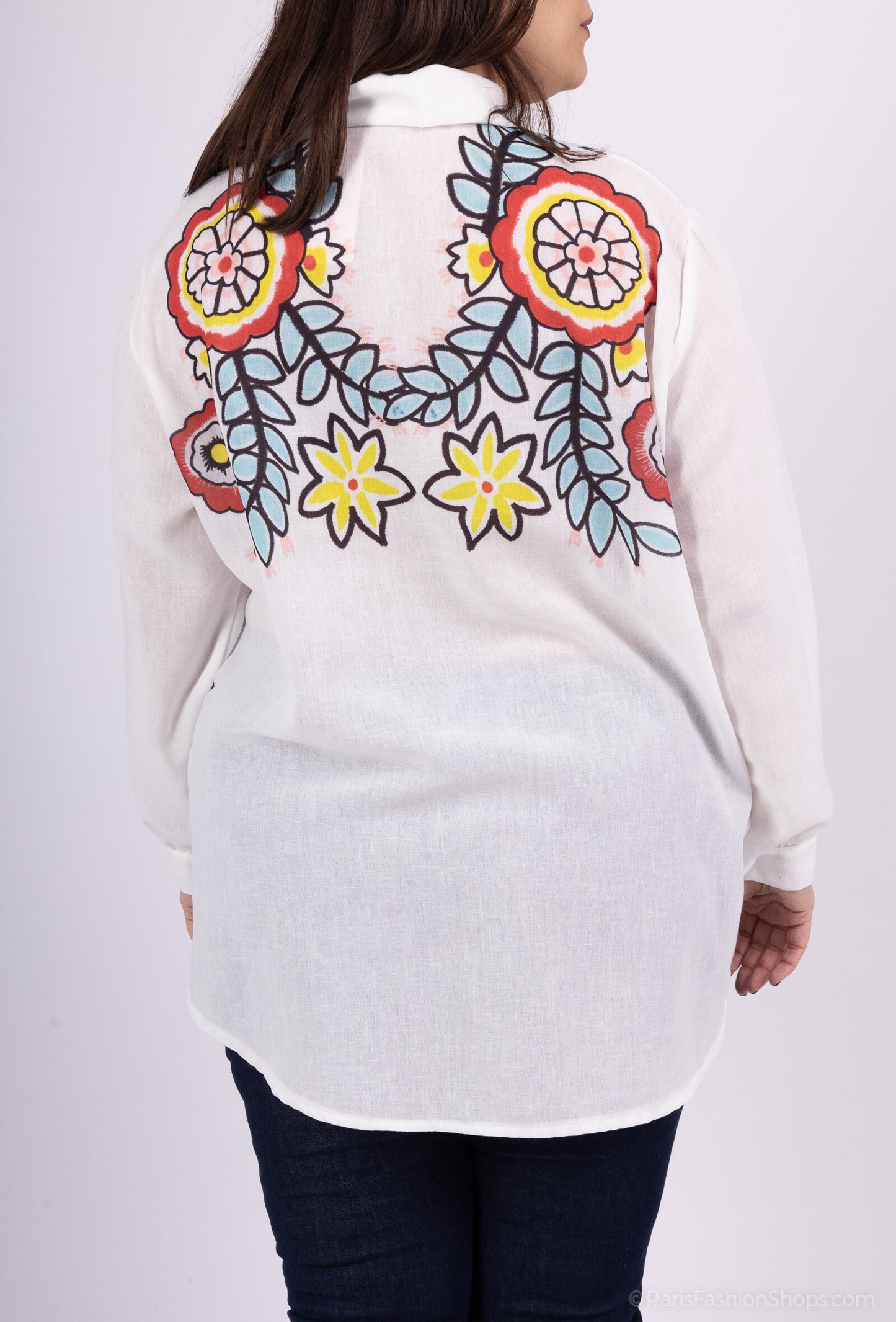 Plus Size Vit Skjorta i Blandad Bomull med Tryck