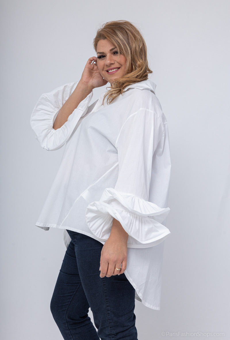 Poplin bomullskjorta med puffärmar i Stor Storlek