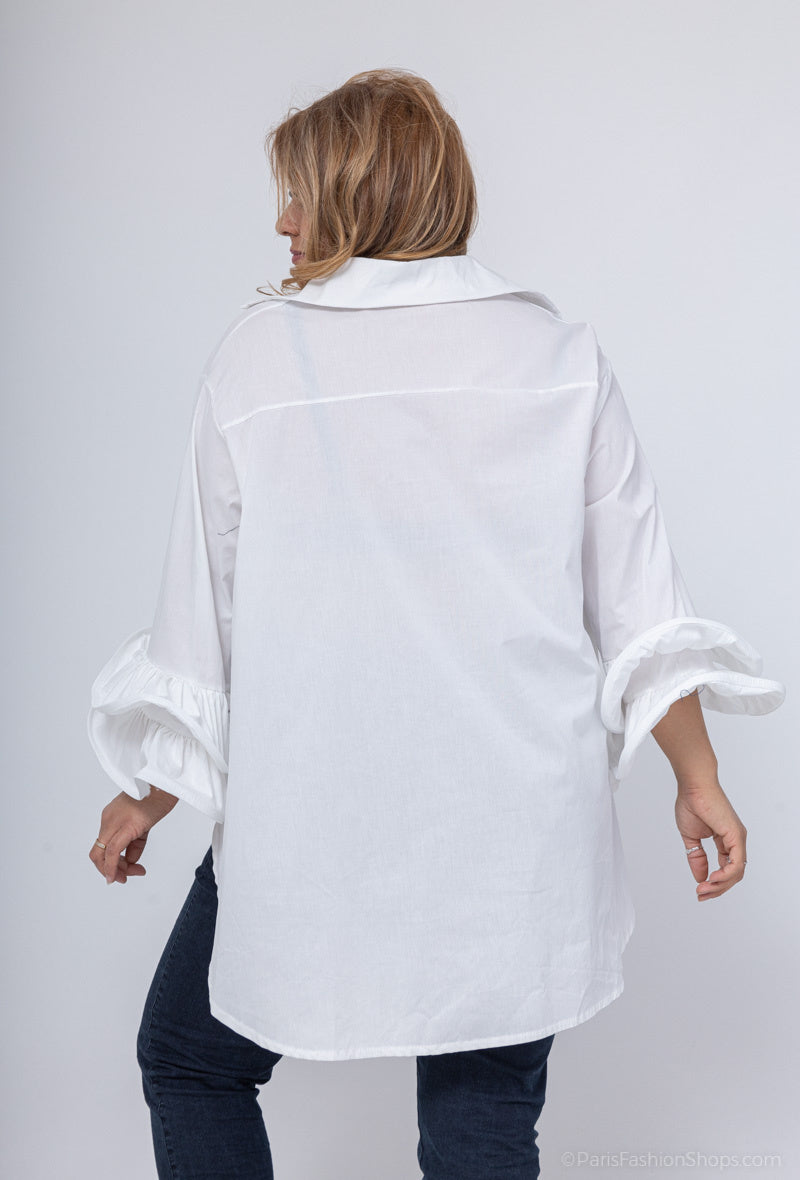 Poplin bomullskjorta med puffärmar i Stor Storlek