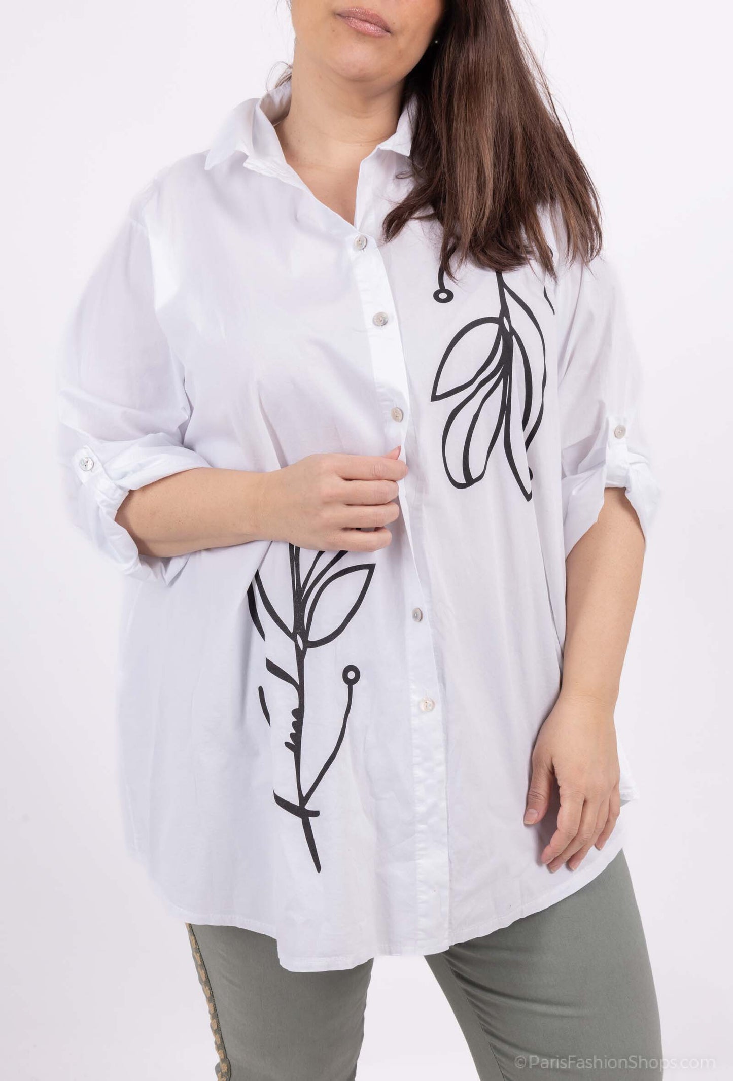 Plus Size Cotton shirt with abstract tulip line drawing