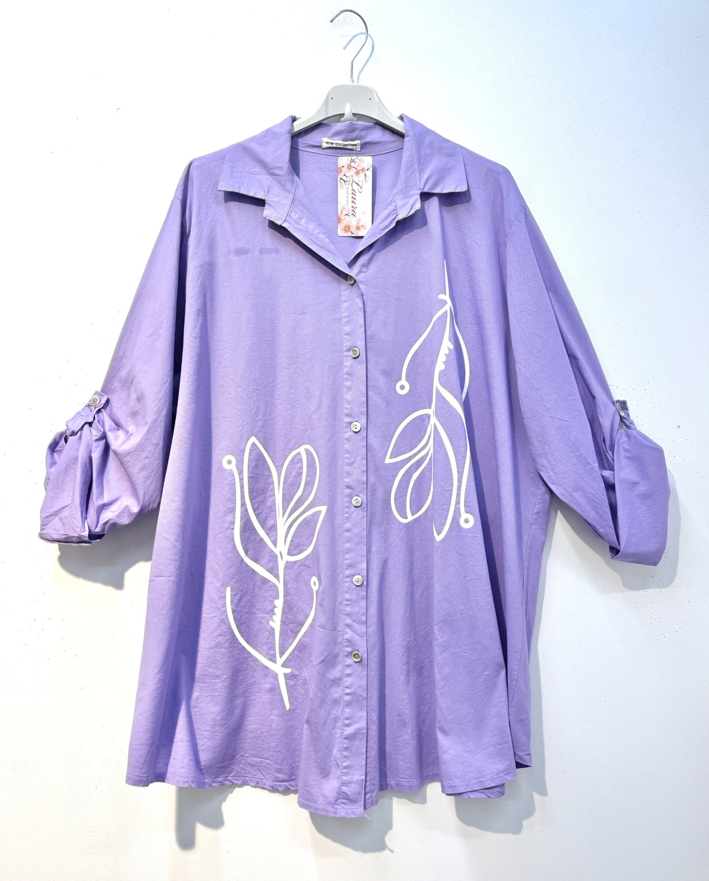 Plus Size Cotton shirt with abstract tulip line drawing
