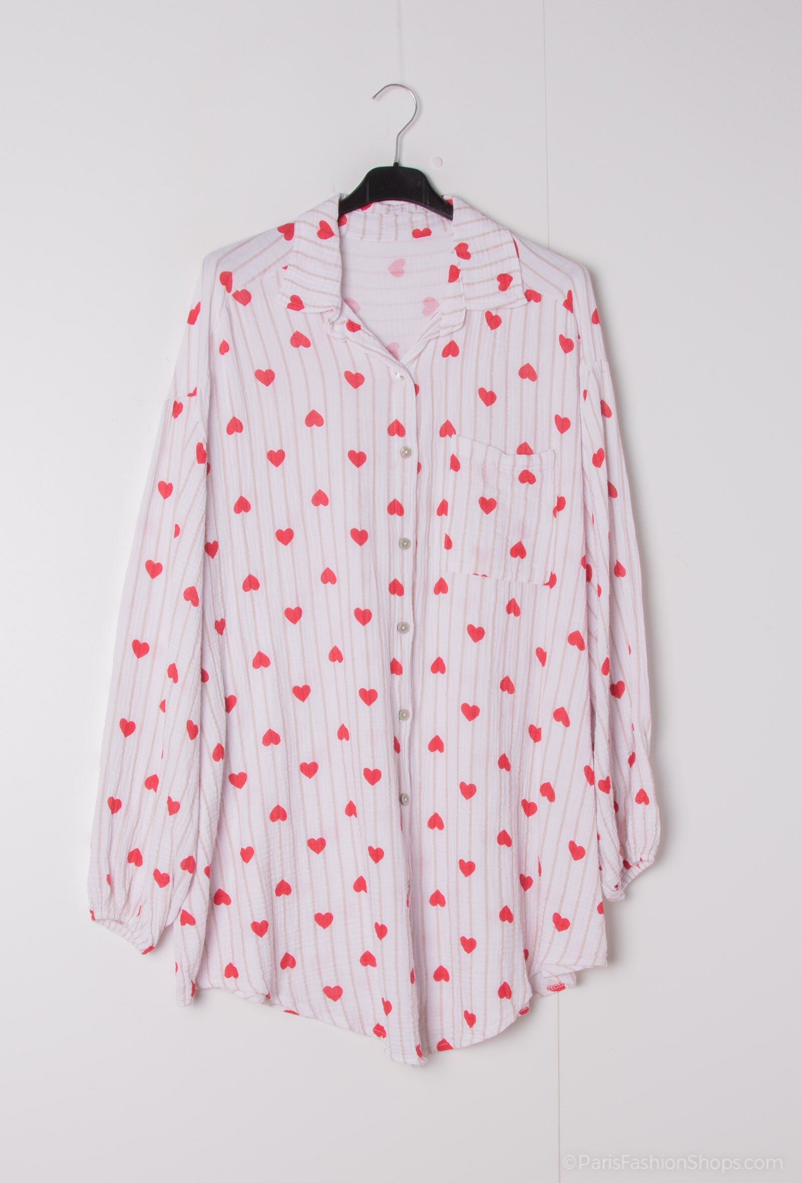 Printed Stripes & Hearts Cotton Gauze Shirt i Stor Storlek