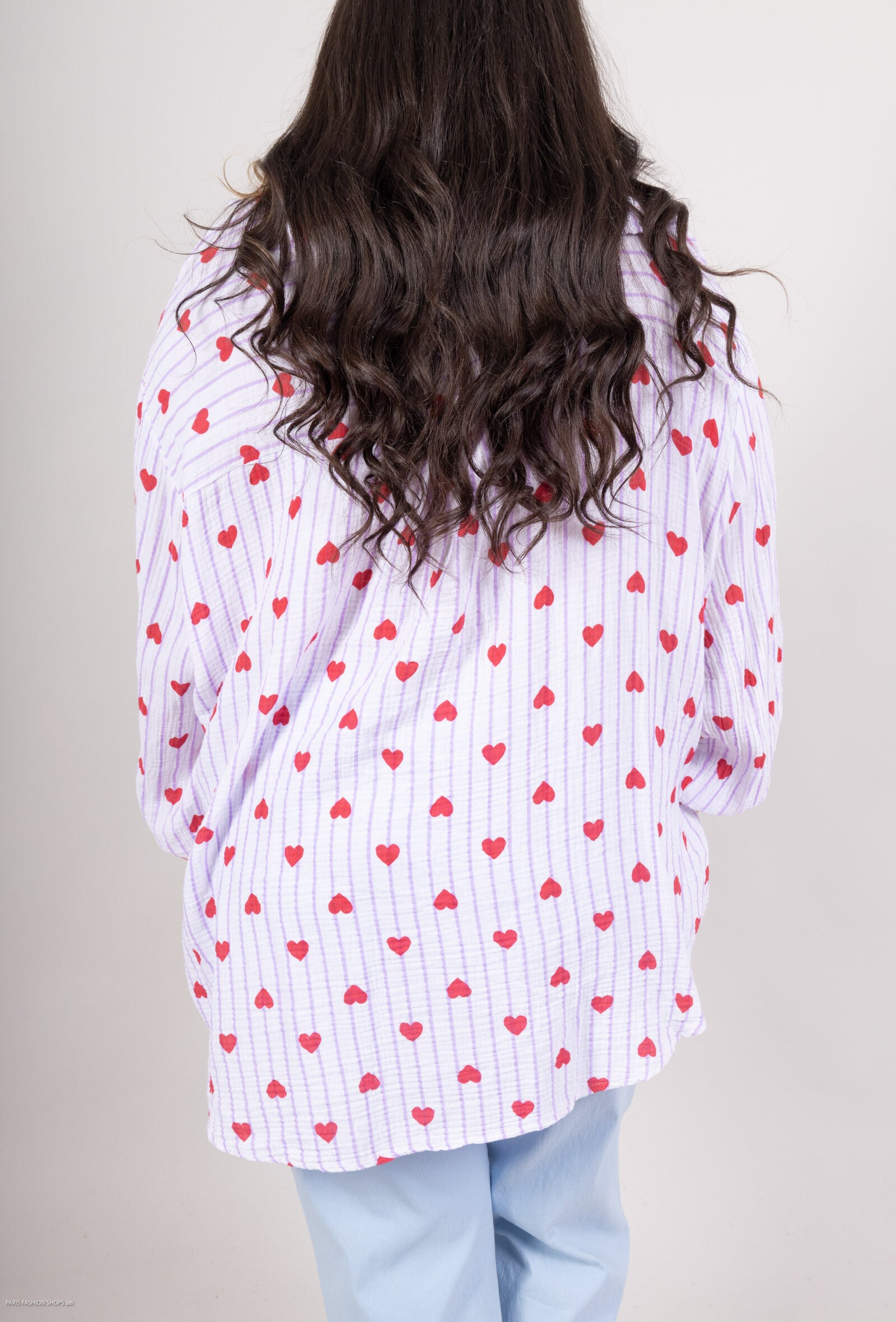 Printed Stripes & Hearts Cotton Gauze Shirt i Stor Storlek
