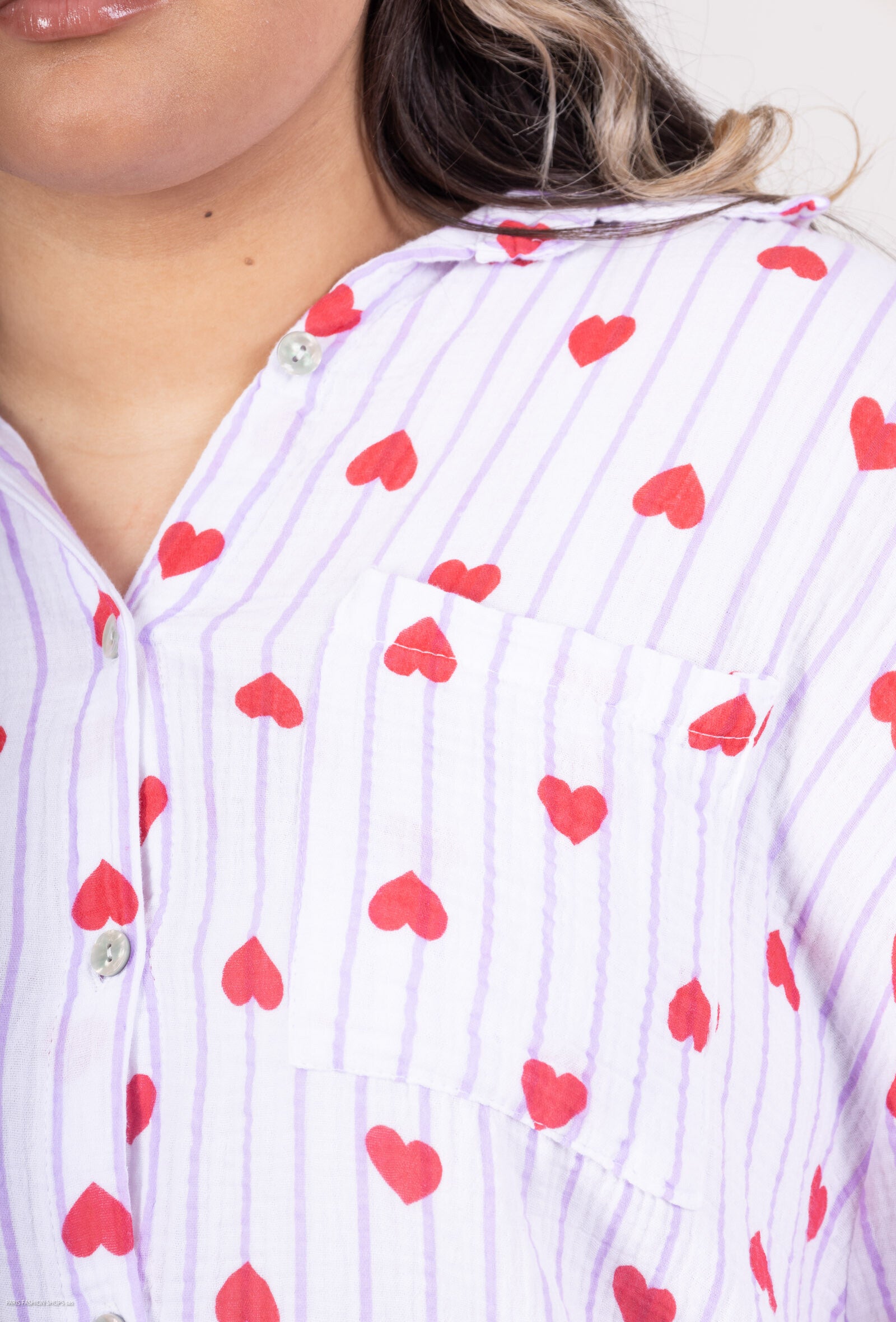 Printed Stripes & Hearts Cotton Gauze Shirt i Stor Storlek