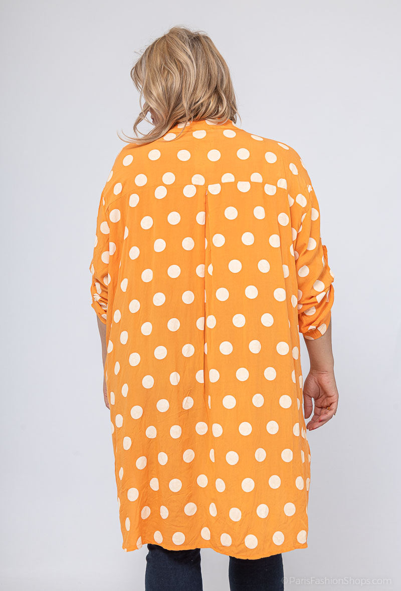Polka Dot Lång Skjorta med Asymmetrisk Längd i Stor Storlek