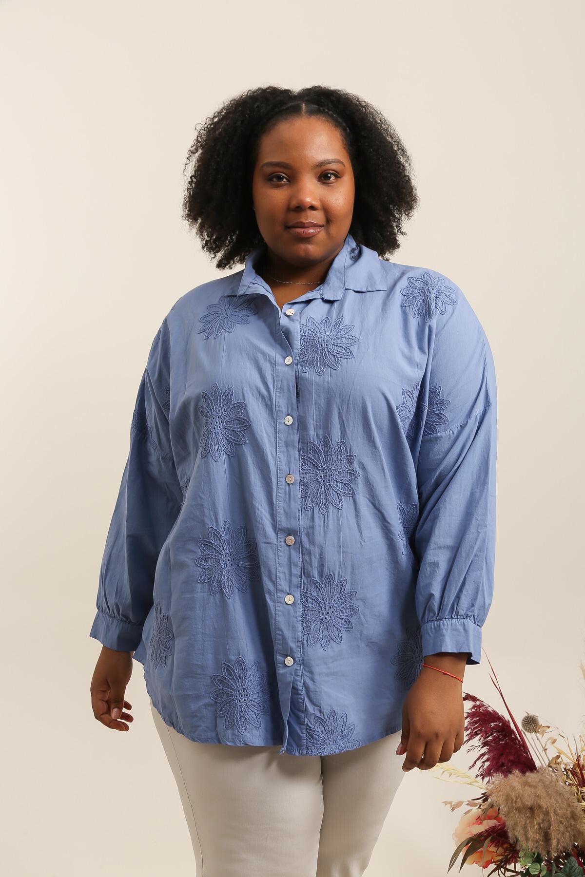 Plus Size Cotton blouse/shirt with english flower embroidery