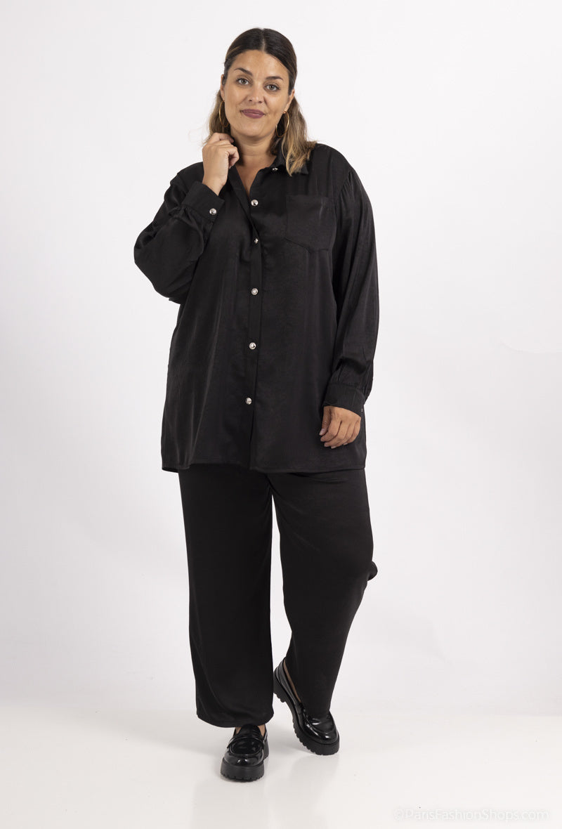 Plus Size Satin Skjorta med Knappning