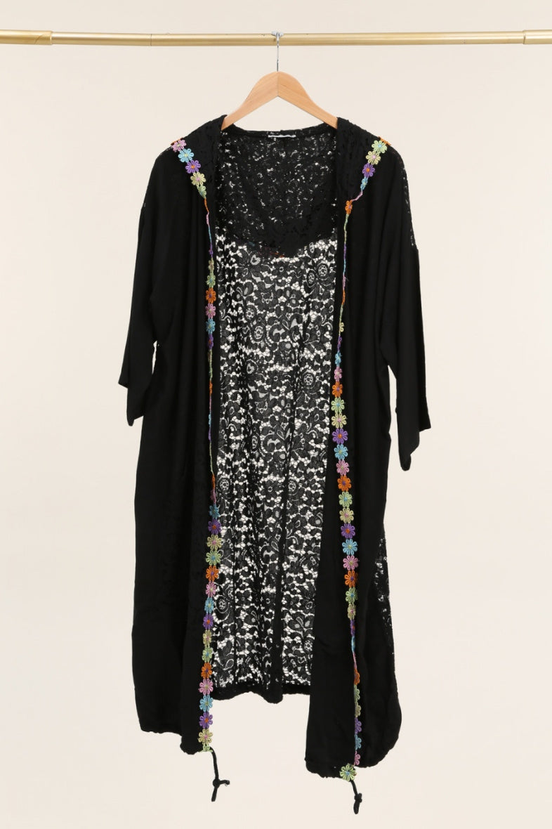 Plus Size Long cardigan with embroidered flowers & lace