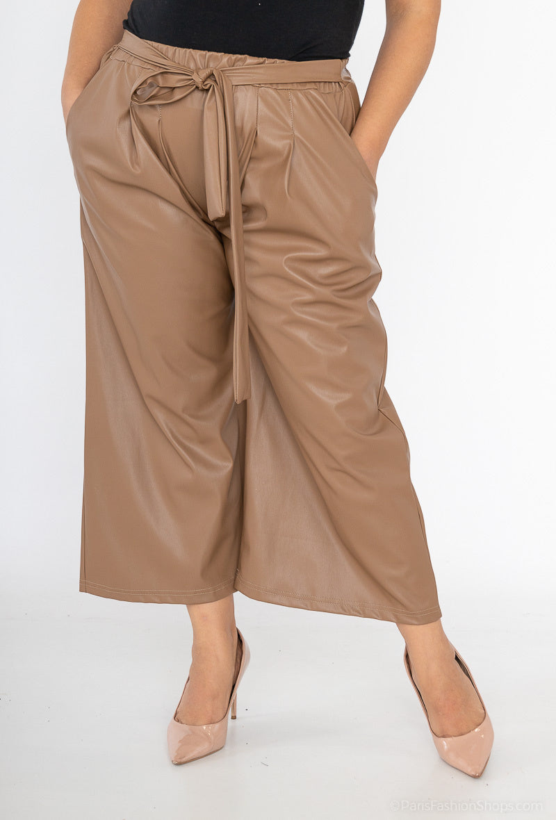 Plus Size Faux Leather Culottes with Belt