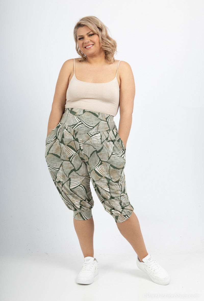 Plus Size Sju-poängs tryckta cropped byxor med elastisk midja