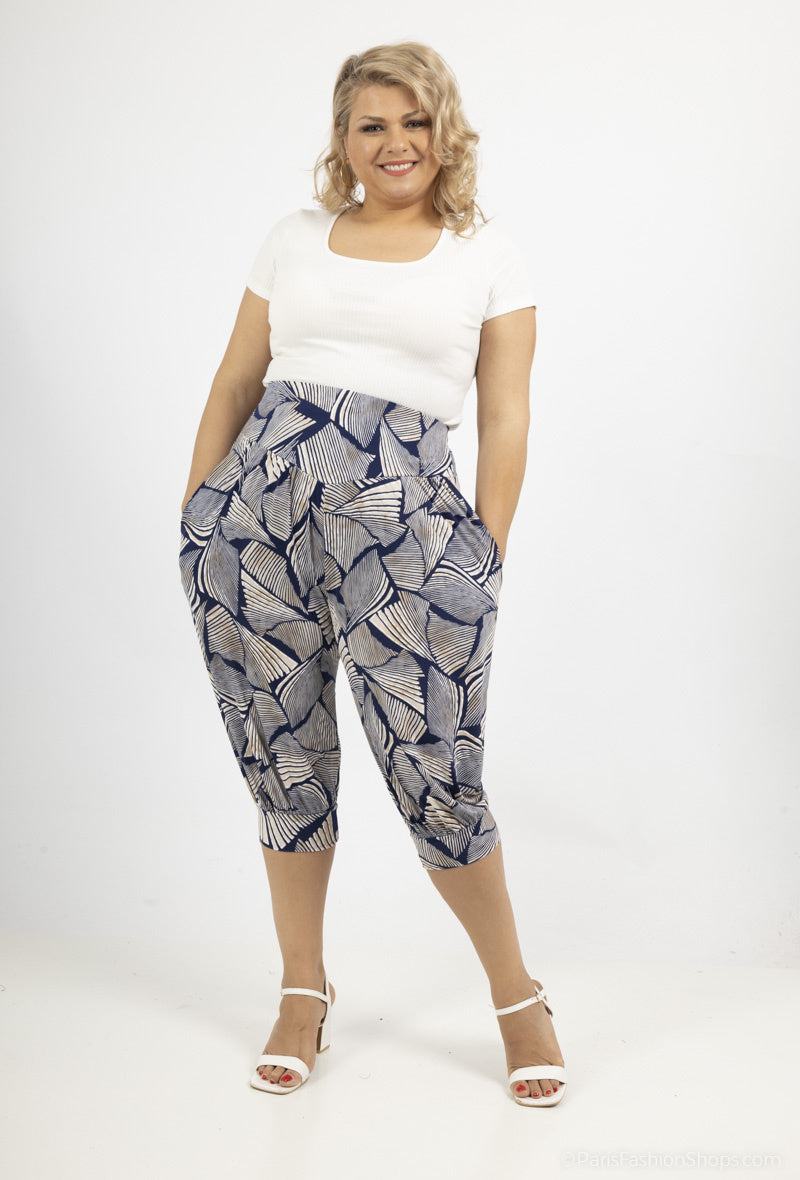 Plus Size Sju-poängs tryckta cropped byxor med elastisk midja