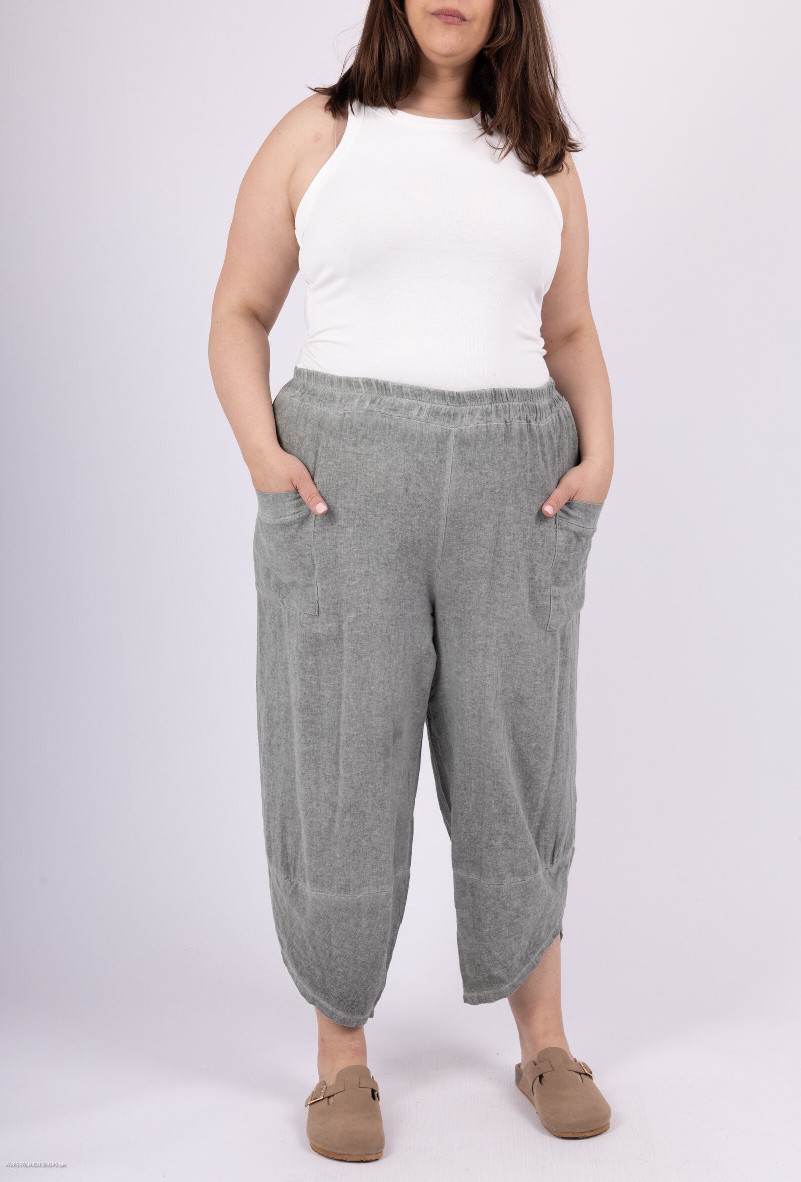 Light/Sarouel cargo pantacourt in cotton/linen mixture i Stor Storlek