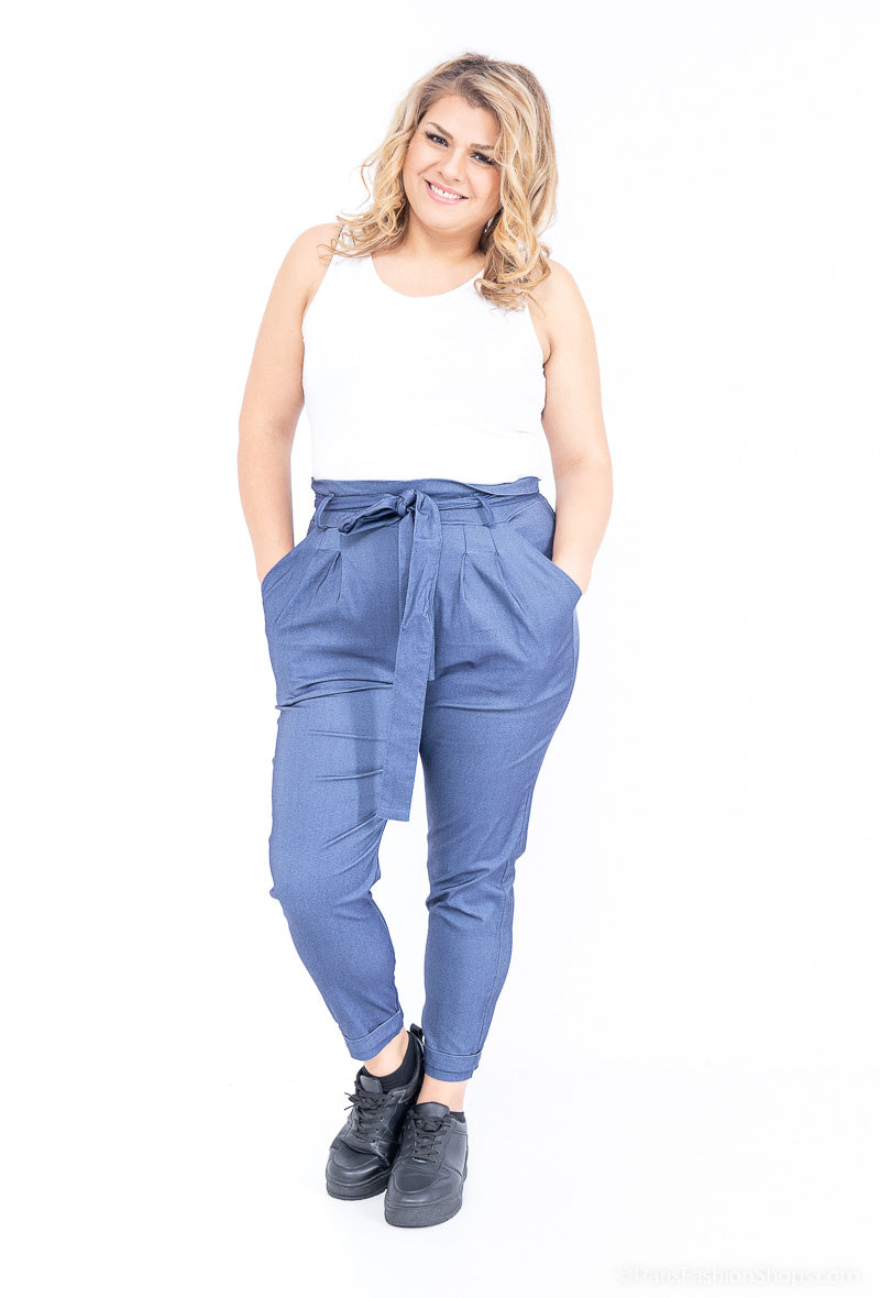 Plus Size Byxor med Bälte och Samlad Midja