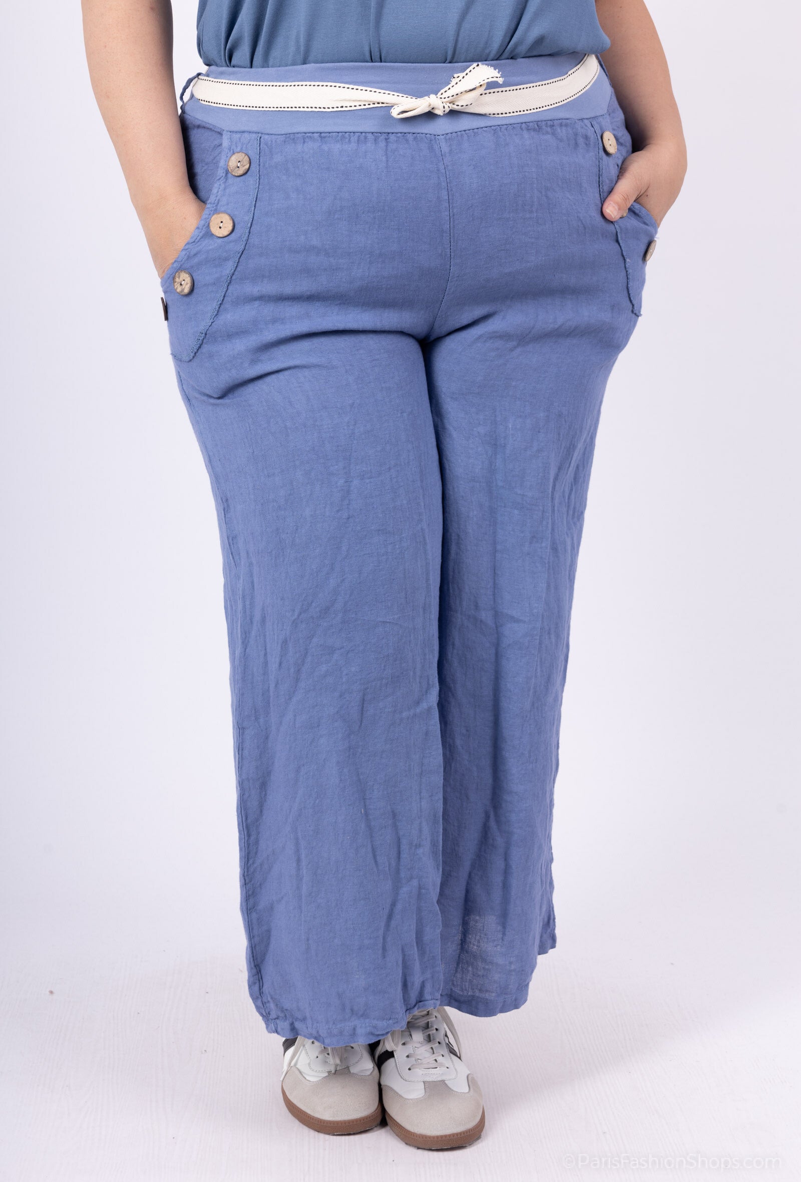 Plus Size Linen pants with buttons on T38 to T54 pockets