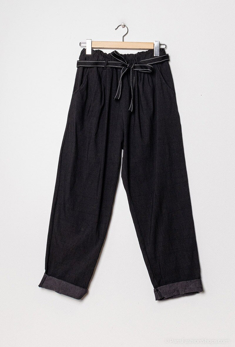 High waisted paper bag effect trousers with waistband i Stor Storlek
