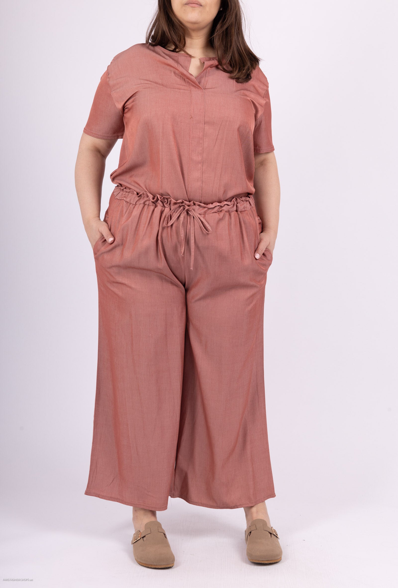 Plus Size Lyocell Vida byxorna med vida ben och fickor