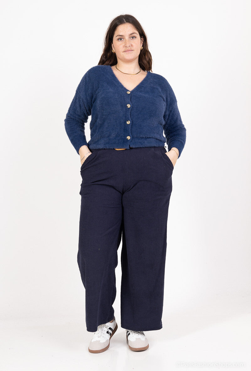 Plus Size Vidbenade Sammetbyxor med Elastisk Midja