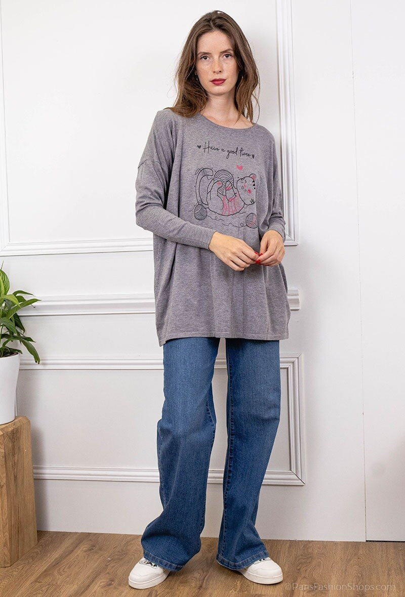 Printed knit sweater i Stor Storlek