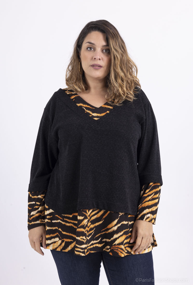 Plus Size Enkel Stickad Tröja med Tryckt Overlay